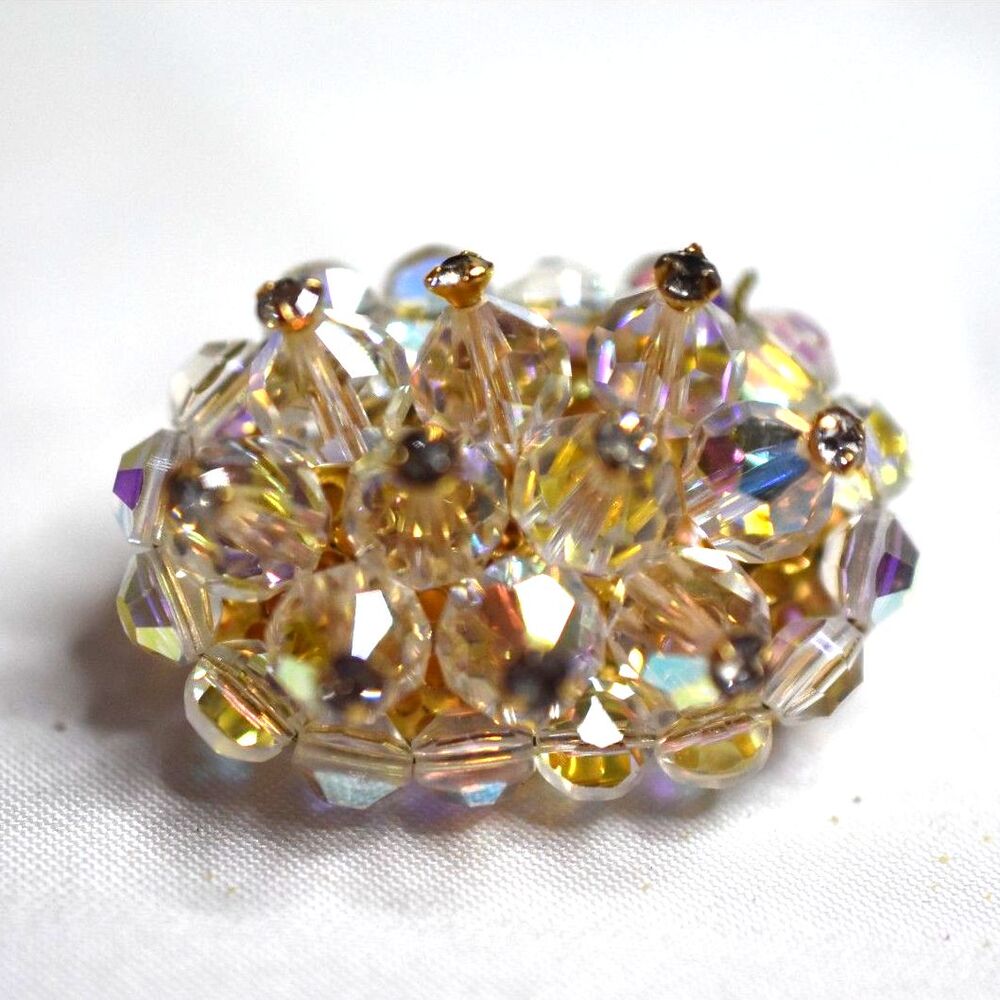 Vtg Domed Cluster Aurora Borealis Crystals Gold Tone 1 3/4" Brooch
